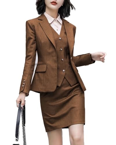 Women's Skirt Suit 3 Piece Striped Suit Lady Petite Business Formal Suit Set Jacket Vest Skirt Brown