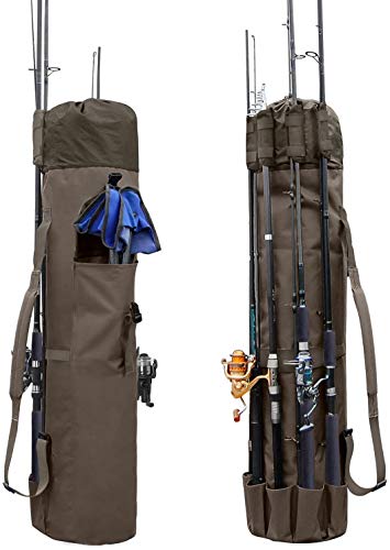 Allnice Sturdy Canvas Fishing Rod & Reel Organizer Bag Travel Carry Case Bag- Holds 5 Poles & Tackle (Khaki)