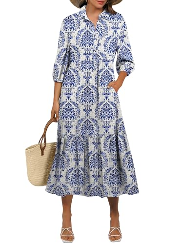 ANRABESS Women Casual 3/4 Puff Sleeve Polo V Neck Floral Printed Flowy Swing Loose Summer Boho Maxi Shirt Dresses Blue Khaki Large
