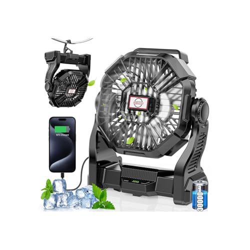 30000mAh Rechargeable Camping Fan with LED Lantern,Portable Battery Powered Outdoor Fan for Bedroom,Camping,Travel,Hiking,Beach,Office,Trave Accessories(Black)