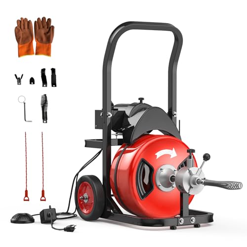 Drain Cleaning Machine 100Ft 3/4 Inch Cable, 750W Auto Feed Portable Electric Sewer Snake, Electric Drain Auger with 6 Cutter Air-Activated Foot Switch for 4" to 8" Pipes