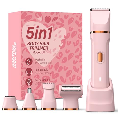 HOHOLE 5-in-1 Bikini Trimmer for Women, IPX7 Waterproof Electric Razors Shaver, Cordless Body Hair Trimmer, Facial & Pubic Hair Removal, Ceramic Blade (Pink)