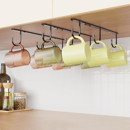 Luckinow 3 Pack Mug Hooks, Under Cabinet Coffee Mug Holder with 9 Hooks for Displaying Mugs, Cups and Kitchen Utensils, Black
