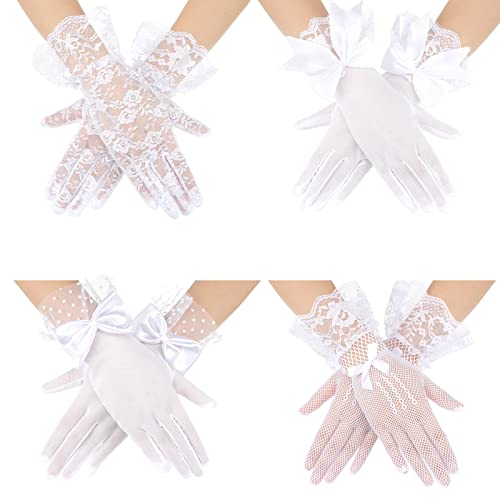 Geyoga 4 Pairs Lace Gloves Women Tea Party Elegant Short Vintage Summer Glove for Dressy Women Wedding Party(White)