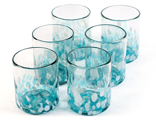 Handmade con Amor - 12 oz Hand Blown Mexican Drinking Glasses - Set of 6 tumblers, 11-13 fl oz each, Ocean Blue Confetti