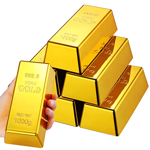 6 Pcs Fake Gold Bar Replica Brick Bullion Glittering Movie Prop for Stage Decoration Halloween Pirate Costume Party Supplies Novelty Gifts Paper Weight Door Stop (Gold, 6.5 Inch)