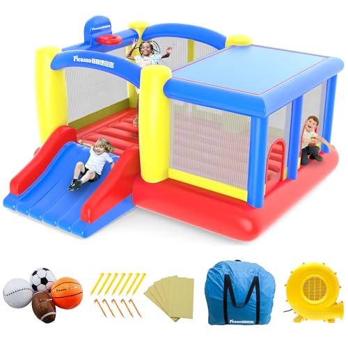 [Upgrade Version] PicassoTiles KC102 12x10 Foot Inflatable Bouncer Jumping Bouncing House, Jump Slide, Dunk Playhouse w/Basketball Rim, 4 Sports Balls, Full-Size Entry, 580W ETL Certified Blower