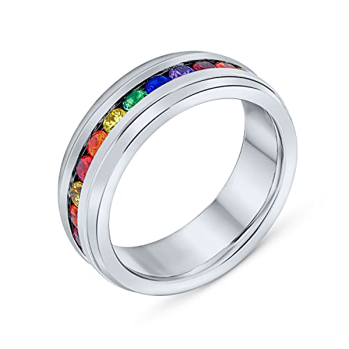 Personalize Unisex Colorful Couples CZ Rainbow LGBTQ Eternity Ring Wedding Band Ring Men Women Silver Tone Stainless Steel 8MM Customizable