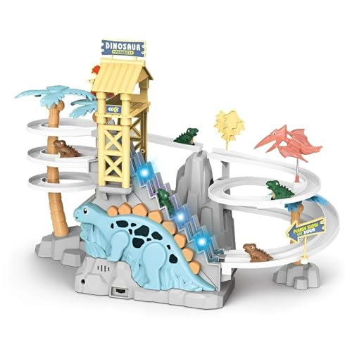 GEMPRIME Dinosaur Climbing Slide with Race Track, Lights and Music - Adventure Toy for Toddlers & Kids Age 3-8 - Blue