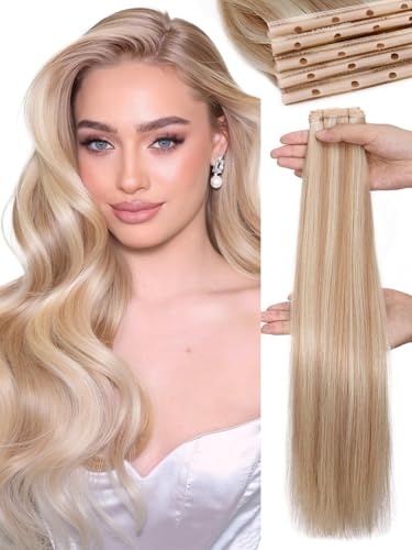 WIGNEE Strawberry Highlight Blonde Human Hair Extension Double Invisible OVO Remy Hair Extensions 18 Inch Twin Tabs Genius Double Weft Hair Extensions Human Hair Glueless and Seamless (18/613)