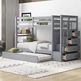 Harper & Bright Designs Twin Over Twin Bunk Bed with Trundle and Staircase, Solid Wood Bunk Bed for Kids Teens Adults (Natural Gray)