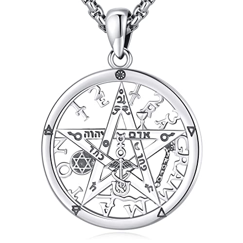 LOOVE Sterling Silver Tetragrammaton Necklace Solomon Protection Pentagram Necklace Women Witch Tetragrammaton Pendant Pentacle Amulet Jewelry for Men