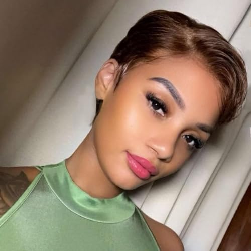 Rebecca Fashion Short Pixie Cut Lace Front Wigs Human Hair Side Part Wig 13x5.5x0.5 Glueless HD Lace Wig Short Pixie Wigs for Black Women Pre Plucked with Baby Hair, Ombre Brown Color