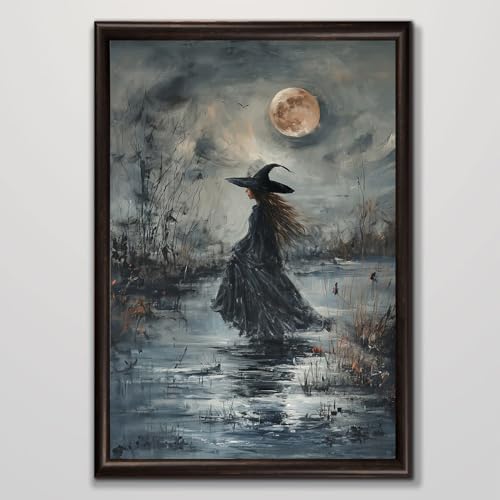 Witch Canvas Wall Art - Moody Woman Dark Moon Painting - Gothic Vintage Prints - Dark Academia Pictures - Landscape Poster 16x24inch No Frame