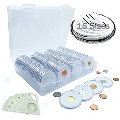 100 Pcs 46mm Silver Dollar Coin Holder Capsules and 15 Sizes(Match All 12-46mm) Protect Gasket for Collection Supplies,Plastic Coin Case with Storage Organizer Box for Collectors and 6 Pcs Coin Flip