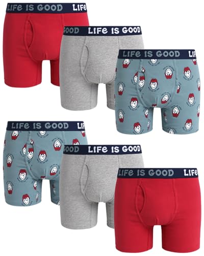 Life is Good Men’s Boxer Briefs - 6 Pack Casual Stretch Boxers with Fly Pouch - Breathable Underwear Boxers for Men (S-XL), Size Medium, Red/Print/Grey