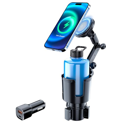 This Hill for Magnetic Cup Holder Charger, 360° Rotating Wireless Magnetic Car Charger, Fast Charging Phone Holder for iPhone 16 15 14 13 12 and Samsung Galaxy S20 Above Series [with QC 3.0 Adapter]