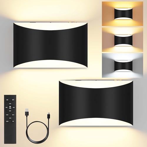 FOLKSMATE Battery Operated Wall Sconces Set of 2, Rechargeable Wireless Remote & Touch Control Wall Lamps, 3 Color Temperatures, Timer Cordless Dimmable Light for Bedroom, Living Room, Hallway
