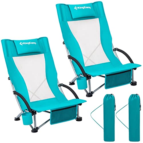 KingCamp Folding Backpack Beach Chair 2 Pack, Sturdy & Lightweight High Back Camping Chair with Headrest, Cup Holder, Seatback Pocket, for Outdoor Sand