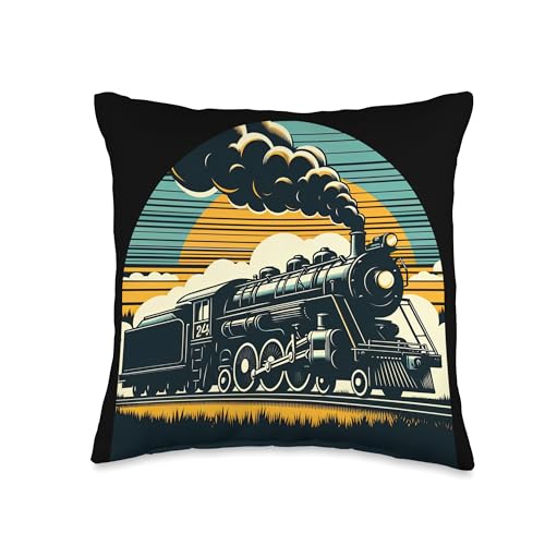 Vintage Steam Engine Train Locomotive Cool Sunset Railroad Throw Pillow