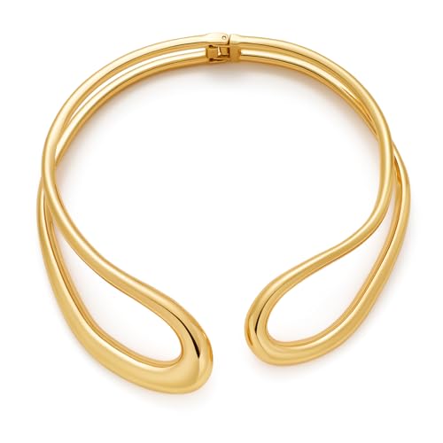 WOWORAMA Gold Chunky Choker Collar Necklace for Women Double Layer Teardrop Collar Necklaces Spring Metal Open Cuff Choker Necklace Heavy Bold Statement Necklace