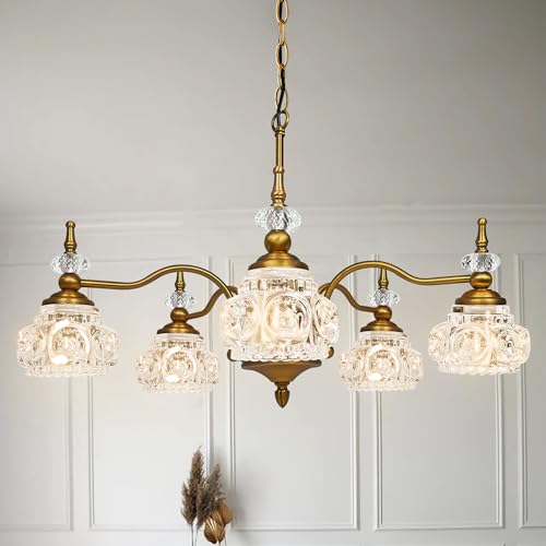 Montex Vintage Brass Pendant Light,Gold Vintage Chandelier Light Fixture 5 Lights,Include 6 Light Bulbs Glass Pendant Light Crystal Hanging Light
