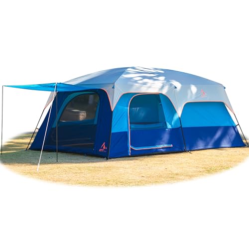 KTT Extra Large Tent 14 Person,Family Cabin Tents,2 Rooms,3 Doors and 3 Windows with Mesh,Straight Wall,Waterproof,Double Layer,Big Tent for Outdoor,Picnic,Camping,Family Gathering(Dark Blue)