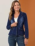 Allegra K Women's Notched Lapel One Button Long Sleeve Washed Business Denim Blazer Medium Blue