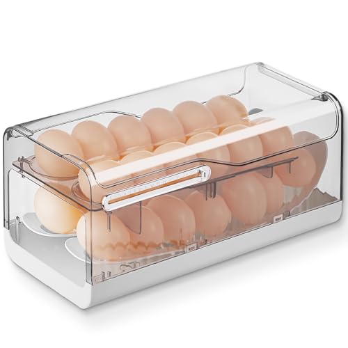 Egg Holder for Fridge, 2 Tier Automatic Egg Roller Refrigerator container, Egg Dispenser Large Capacity Save Space for Fridge & Countertop
