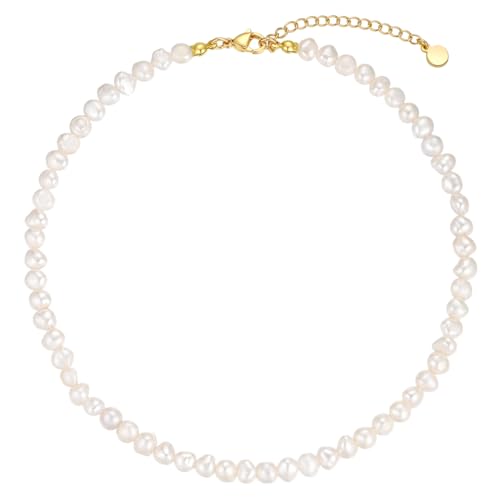 NUZON 6-7mm Baroque Pearl Choker Necklace for Women Natural Freshwater White Pearl Beaded Necklace Strand Elegant Summer Layering Jewelry 17"