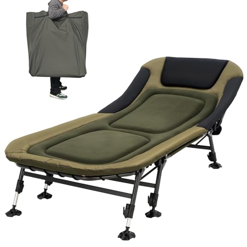 YOUGYM XXL Camping Cots for Adults 330Lbs with Carry Bag, Heavy Duty Folding Bed with Soft Padded Cushion, Portable Military Cot for Hunting, 180° Adjustable Reclining Outdoor Lounger