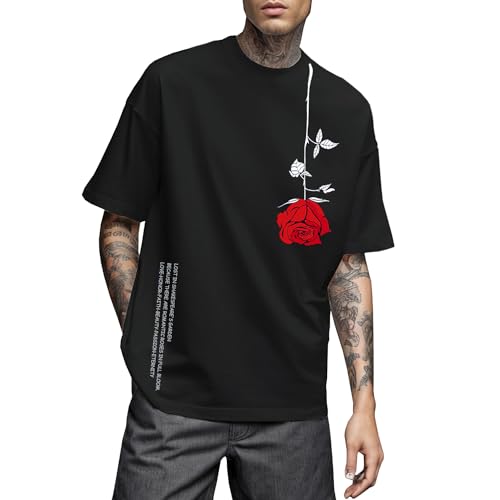 UOUA Mens Graphic Tees Vintage T-Shirts Oversized Floral Letter Print Casual Crewneck Cotton Top Short Sleeve Rapper Streetwear Black L