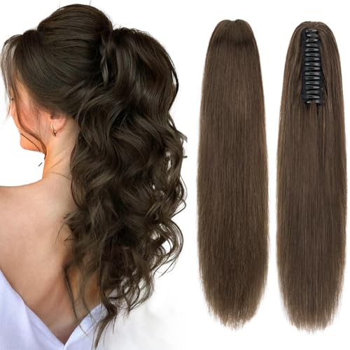 TESSHAIR Claw Clip In Ponytail Extension, 100% Human Hair Ponytail Extension, No Tangle & Smooth, 105g, 14 Inch #Dark Brown
