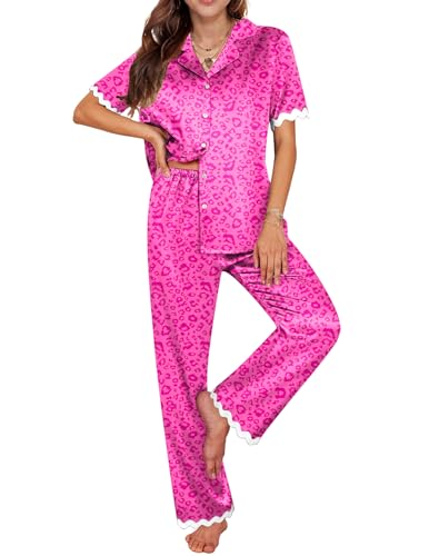 Ekouaer Womens Silk Satin Pajamas Set Button Down 2 Piece Pjs Short Sleeve Long Pants Sleepwear Lounge Set, Rose Leopard, M