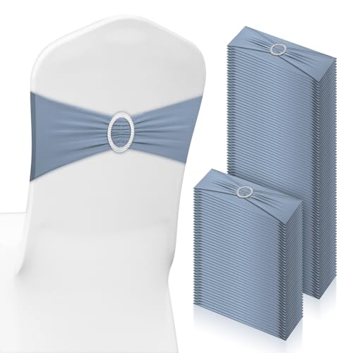 CHENGU 150 Pieces Spandex Stretch Chair Sashes Bows Elastic Chair Cover Bands Ties with Buckle Slider for Wedding Party Reception Events Universal Ceremony Banquet Decorations(Dusty Blue)