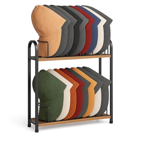 SWTYMIKI Hat Stand for Baseball Caps - 2 Tier Wood & Metal Tabletop Hat Organizer Storage Display Rack, Holds up to 20 Caps for Desk, Closet Shelf, Dresser (Black)