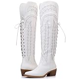 GLOBALWIN Women's White Cowboy Boots Western Fashion Over The Knee Thigh High Cowgirl Boots Low Heel Size 8.5M