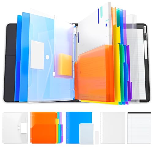JoyCat 3 Ring Binder Clipboard with Storage,12.4"x10.2"Magnetic Clipboard Folder with 5 Expandable Folders,Refillable Lined Notepad (11" x 8.5"),Ideal for School Office Nursing(Black)