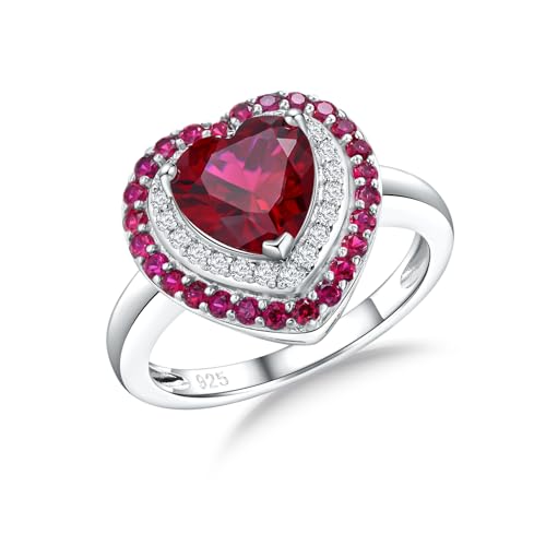 RANDES Heart Shaped Ruby Engagement Ring for Women White Gold Plated Sterling Silver Multi Halo 3 Cttw Red Heart Ring Promise Rings for Women, Size 7