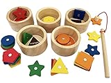 Dailyfunn Montessori Toy Wooden Sorting Cup&Fishing Game 2-in-1 Colors Shapes Sorting Matching Learning Toys for Toddlers 1-3 Year Old