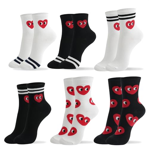 kikiya socks Women Cute Crew | 6 Pairs Red Heart Print Black White Color Cute Designer Graphic Novelty Tube Patterned Funny Daily Trouser Boot Cotton Socks | Womens Ladies Girls Gift | Heart A