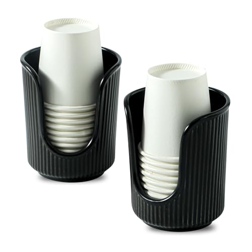 Dobbyby Ceramic Bathroom Cup Dispenser with Stylish Vertical Stripes - Disposable Mouthwash Cup Holder Holds 3-4oz Paper Cups for Rinsing Cups on Bathroom Vanity Countertops (Black-Black-2 Pack)