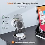 【2025 Upgraded】 Wireless Charger 3 in 1, Foldable Wireless Charging Station with Night Light for Apple MagSafe Charger, Travel Magnetic Charger Stand, Nightstand Charging Station (18W Adapter)