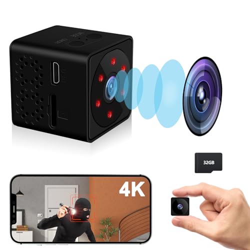 Spy Camera WiFi or No WiFi Optional, 4K Mini Security Camera with 32GB Memory Card, Indoor Cameras for Home Security, 160° Wide-Angle, Night Vision, Motion Detection, for Indoor Outdoor(Deep Black)