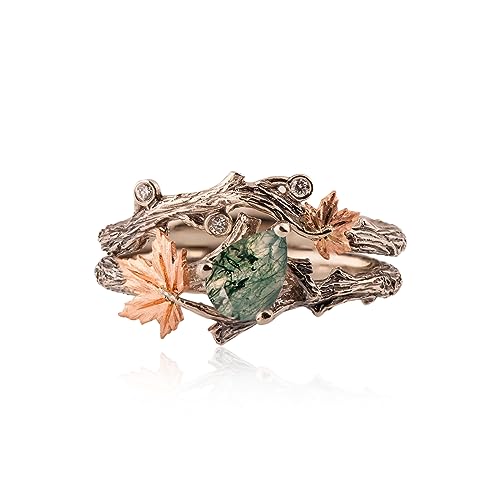 Luyona Natural Moss Agate Ring for Women 925 Sterling Silver Green Agate Promise Ring with Vine Leaf Engagement Wedding Jewelry Gift for Women Free Engraving-C7.5