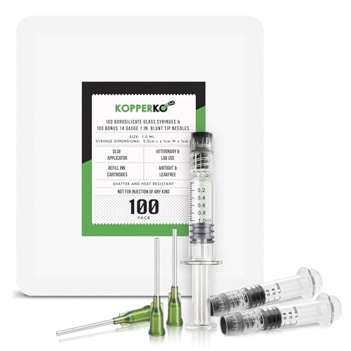 Kopperko 100 Pack Borosilicate Glass Syringe - 1ml Syringe, Heat Resistant Luer Lock Syringe for Labs | Glue Syringe for Use With Liquids, Glue, Oils, or Ink | 14GA Blunt Tip Non-Hypodermic Needles