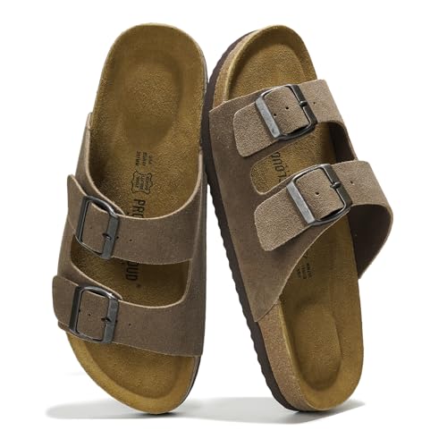 Project Cloud Genuine Leather Mens Sandals with Memory Foam Natural Cork Footbed Slides for Men Footwear - Non-Slip Double-Strap Buckle Summer Sandals (Arizona,CHOCSUEDE,9)