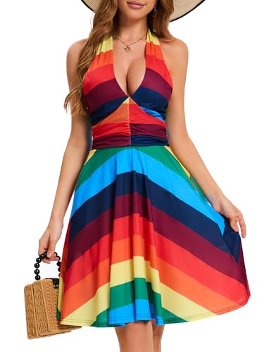 CVCPP Women's Rainbow Stripe Pride Dress Halter V Neck Sleeveless Sundress Colorful Flowy Dresses with Pocket for LGBTQ Cd04-07-M