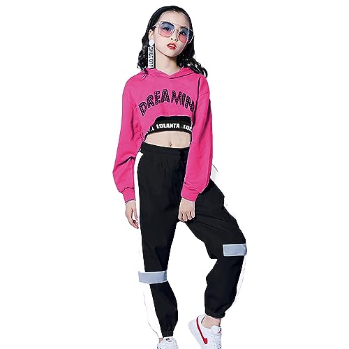 LOLANTA Girls 3 Piece Kpop Dance Costumes Outfits Long Sleeve Hooded Shirt Cargo Pants Set Dance Clothes (Pink, 12-14)