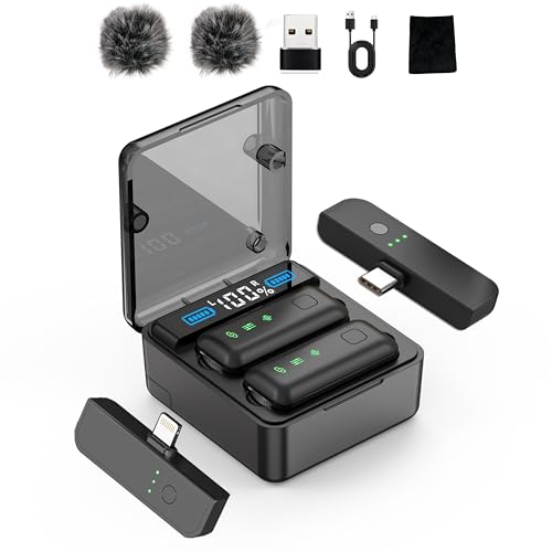 EVINYEP Wireless Lavalier Microphone with 36H Charging Case, Mini Lapel Mic for iPhone Android PC, Plug-and-Play USB-C/Lightning, 165FT Range for Podcast, Live Streaming, Recording